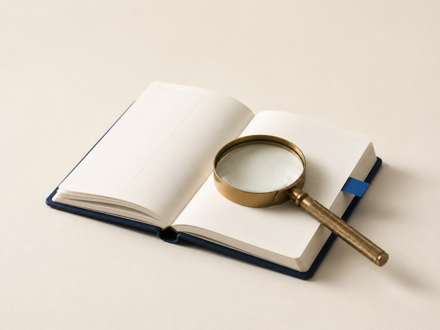 Notebook and magnifying glass representing focused business discovery